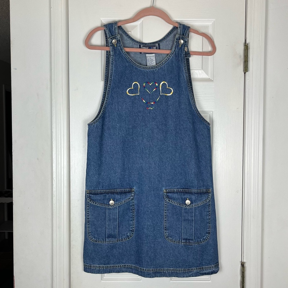 90’s Vintage Rainbow Heart Embroidered Denim Overall Jumper Dress Sz S